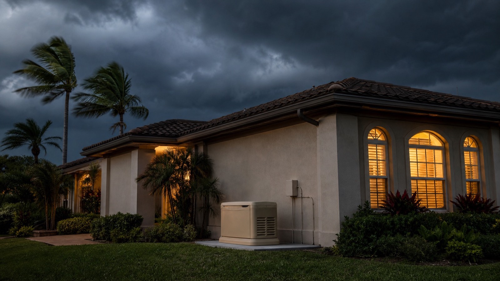South Florida home with lights on under a storm sky, standby generator beside the house