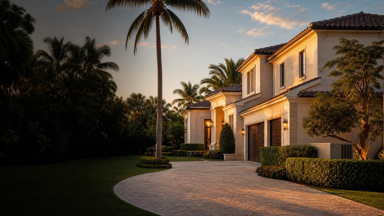 Palm Beach estate home at golden hour with a standby generator along the garage wall