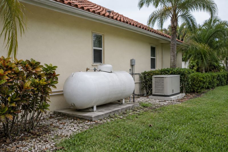 White above-ground propane tank on a concrete pad beside a stucco house with a tile roof, a standby generator enclosure further along the wall